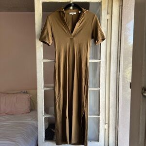 Vince Brown Short Sleeve Side Slit Polo Maxi Dress